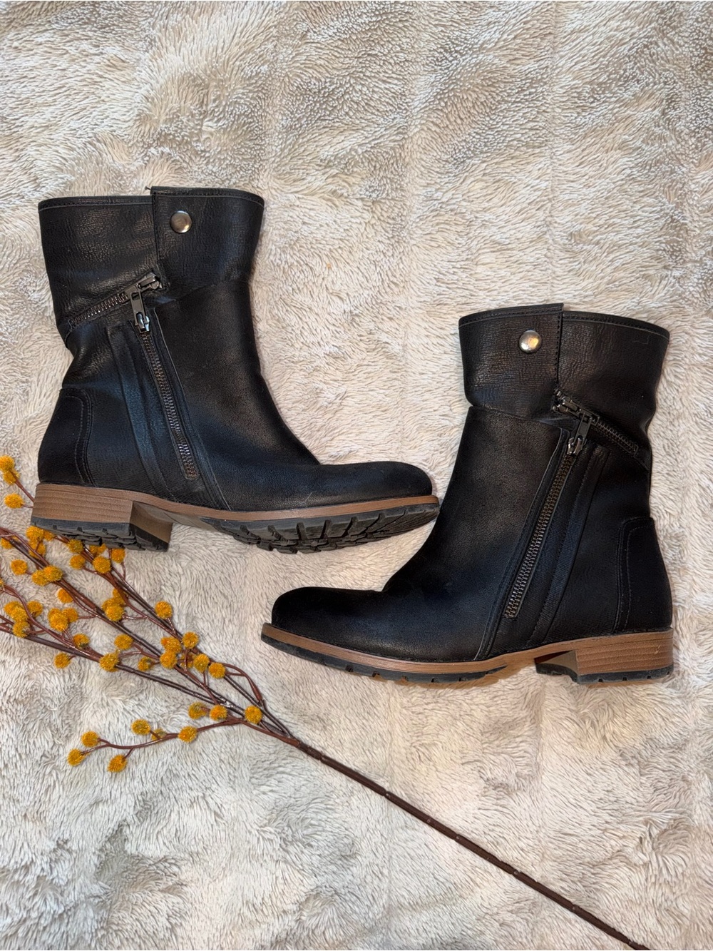Maurices Black Leather Mid-Calf Zip Combat Boots with Brown Sole